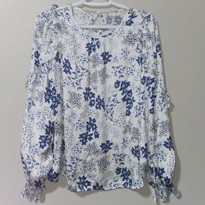 LOFT Womens Blue White Floral Ruffle Long Sleeve Blouse Smocked Cuff Medium